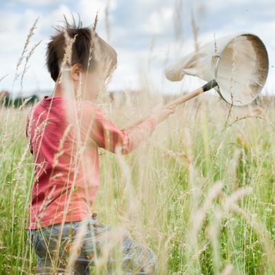 Kind läuft mit Schmetterlingsnetz durch Gras