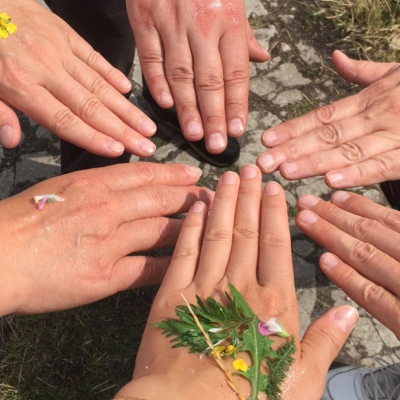 Sechs Hände, die in einem Kreis angeordnet sind und auf denen Blumenblüten draufliegen